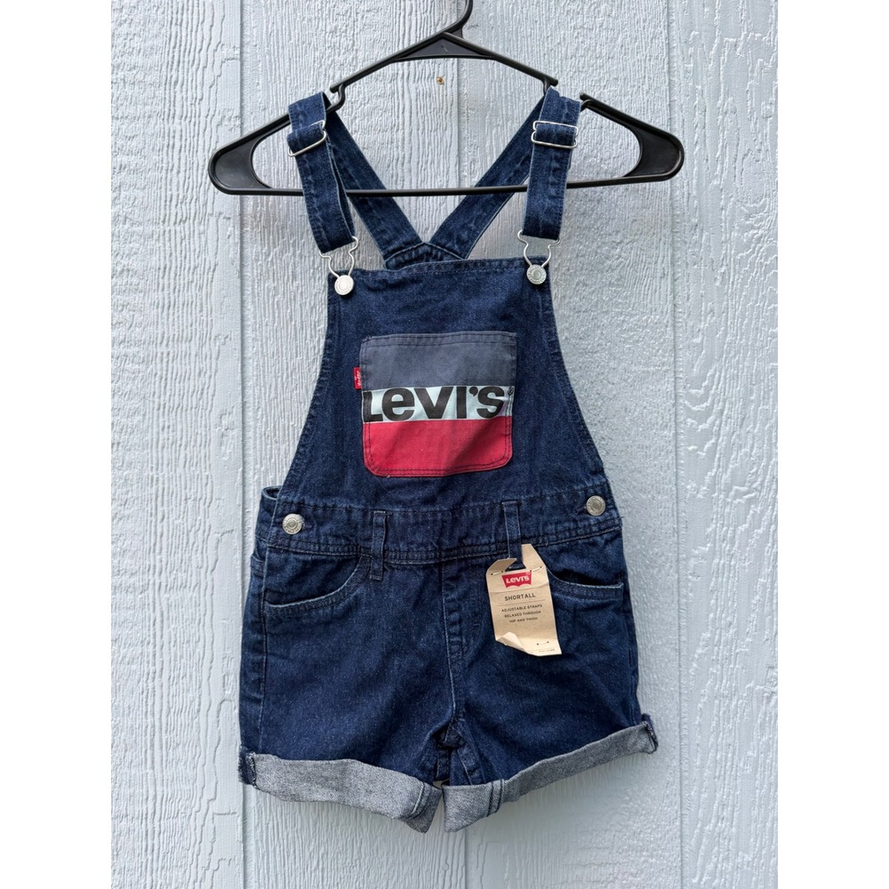 Levis Girls Denim Shortall Overalls Dark Wash Colorblock Logo Size 7 REG NWT